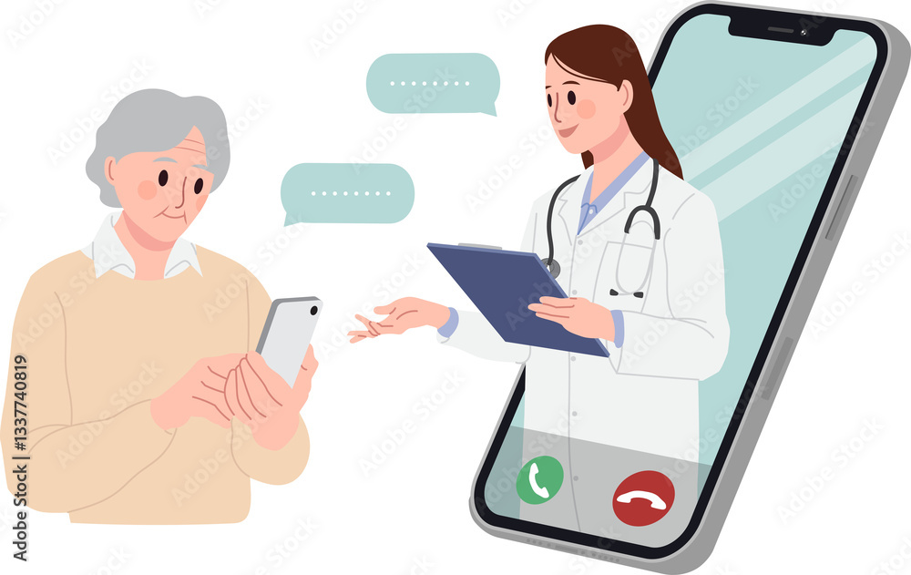 A doctor provides an online diagnosis and consultation to a senior patient via a smartphone. A doctor provides an online diagnosis and consultation to a senior patient via a smartphone.