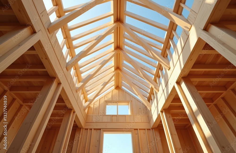 Obraz premium Wooden trusses of unfinished house under construction against blue sky. Timber framework project with beams, boards. Carpenter shop design, dwelling development, exterior. Concept of housing,
