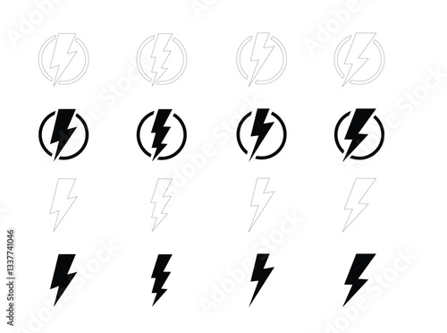 Set of cartoon style lightning bolts and stars. Hand drawn doodles, black and white and color. Vector desing elements illustration.