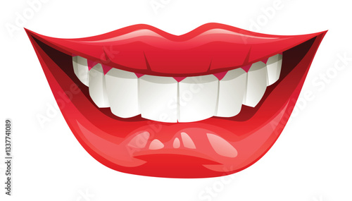 Smiling mouth with white teeth and red lips, close up, slightly biting the lower lip. Vector cartoon illustration