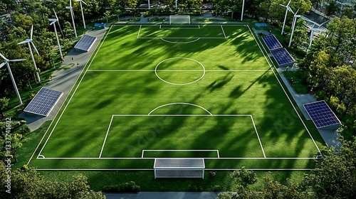 Aerial view of a football field with solar panels and wind turbines in a natural setting