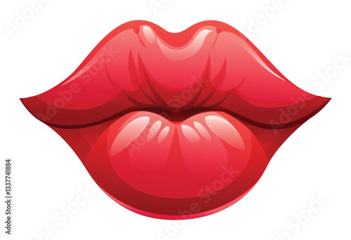 Glossy red lips with shiny, showing a close up view of a kiss, plump appearance. Vector cartoon illustration