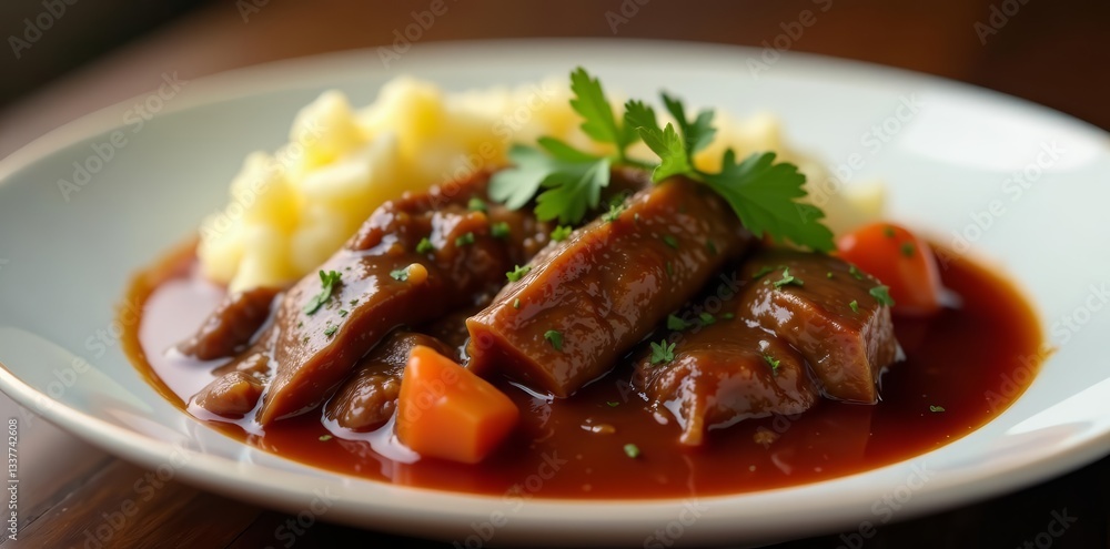 Close-up of a delicious beef stew in a red wine sauce, paired with creamy mashed potatoes, beef bourguignon, hearty, gastronomy Close-up of a delicious beef stew in a red wine sauce, paired with creamy mashed potatoes, beef bourguignon, hearty, gastronomy