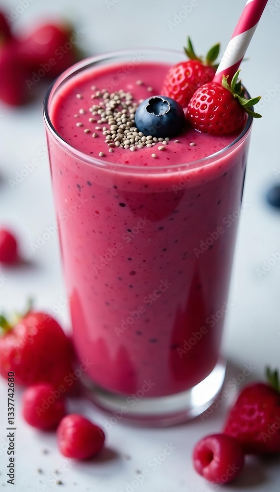 Close up of a delicious red berry smoothie topped with chia seeds, refreshing, mixed fruits, health Close up of a delicious red berry smoothie topped with chia seeds, refreshing, mixed fruits, health