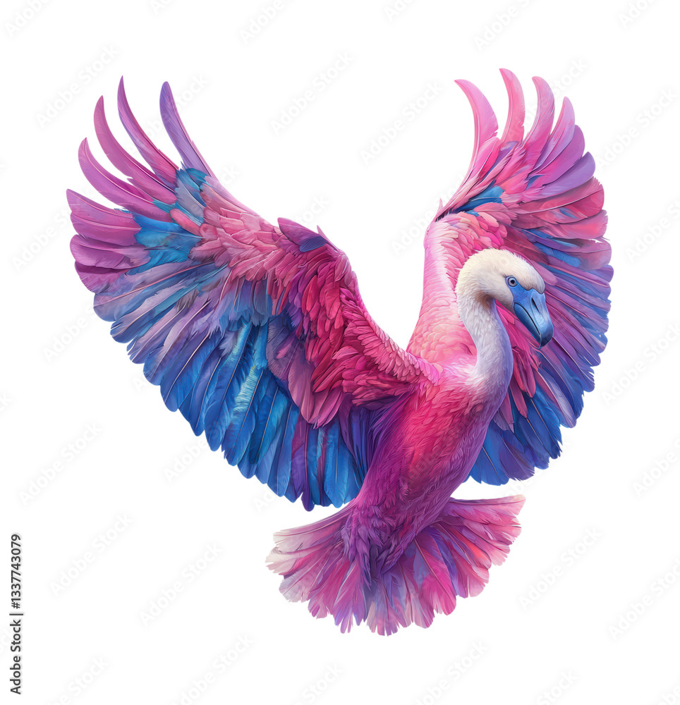 Obraz premium Majestic Pink and Blue Fantasy Dove with Spread Wings Showing Vibrant Feather Detail and Graceful Flying Pose Isolated on Transparent and White Background