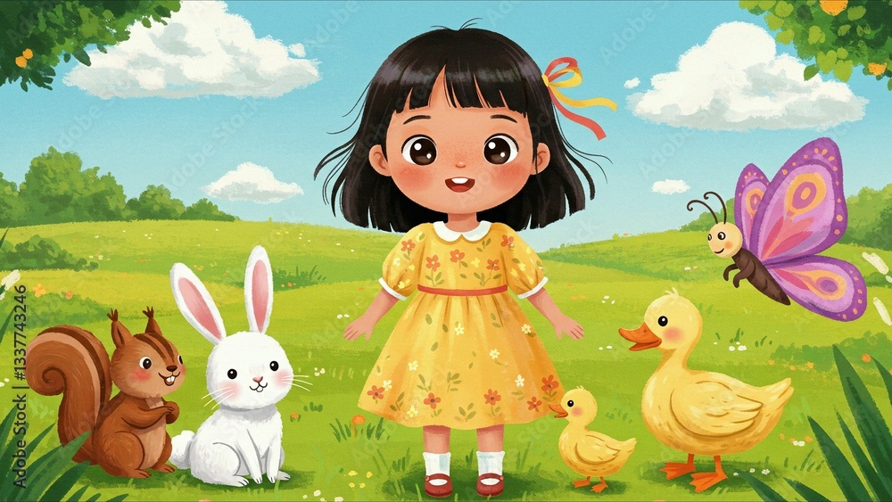 Fototapeta premium Girl with Animals in Sunny Meadow
