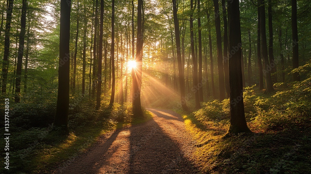 Obraz premium Sunrays Piercing Through Tall Trees in Scenic Forest Pathway