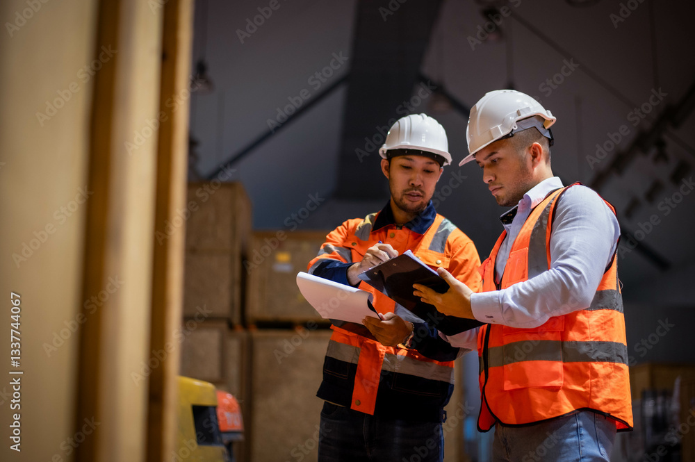 Warehouse inspectors and expert engineers are checking the arrangement of goods to ensure that they are in accordance with the planned plans. Warehouse inspectors and expert engineers are checking the arrangement of goods to ensure that they are in accordance with the planned plans.