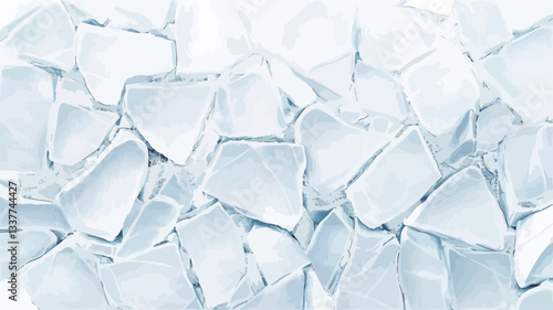 High-angle, close-up view of numerous irregularly shaped pieces of cracked ice. The ice pieces are predominantly white and light blue, with varying degrees of translucency.  The image displays a