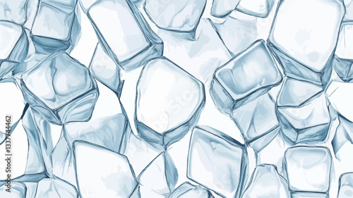 The image is a close-up, abstract illustration of numerous ice cubes. The cubes are irregularly shaped and slightly translucent, with varying shades of light blue and white, creating a seamless