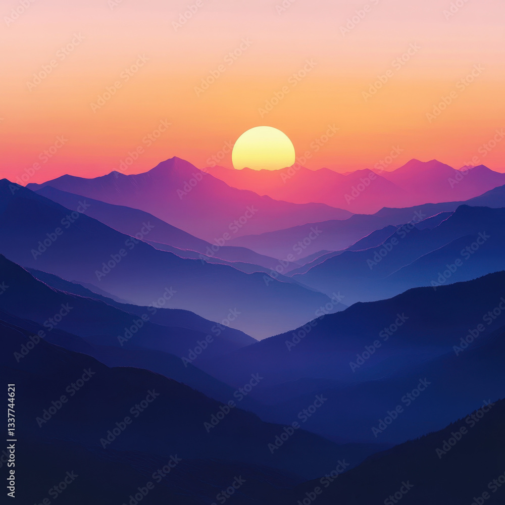 Obraz premium Vibrant sunset over misty mountain range.