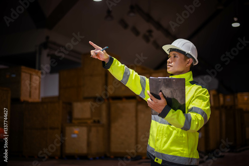 A warehouse inspector is walking around inspecting the condition of a warehouse in a large factory.