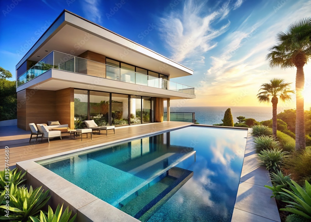 Fototapeta premium Modern Luxury Villa with Infinity Pool and Ocean View - Stock Photo