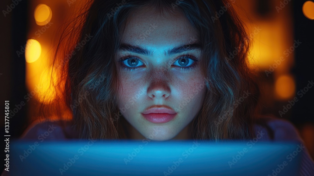 Woman using laptop at night, focused look, warm lighting Woman using laptop at night, focused look, warm lighting