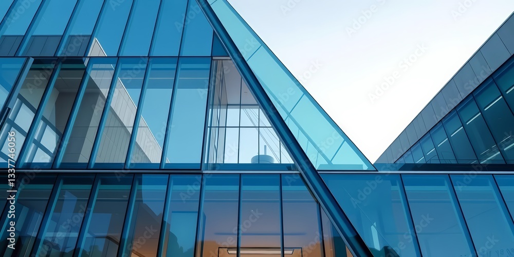 Obraz premium Sleek glass facade, geometric design, minimalist architecture, urban landscape, development