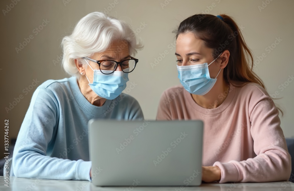 Senior woman with young woman wearing masks use laptop at home amid coronavirus. Volunteer helps elderly person to use modern technologies. Protection during pandemic. Home education, online training. Senior woman with young woman wearing masks use laptop at home amid coronavirus. Volunteer helps elderly person to use modern technologies. Protection during pandemic. Home education, online training.