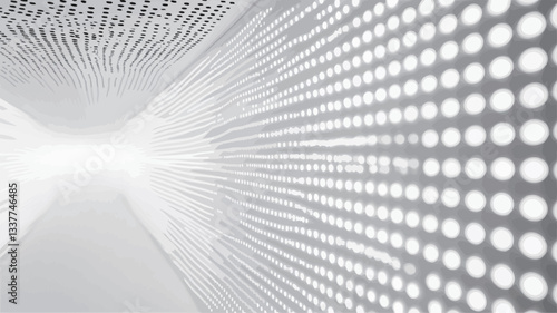 The image shows an abstract representation of a tunnel or corridor.  The walls are predominantly white, featuring a repeating pattern of evenly spaced, illuminated dots that create a textured