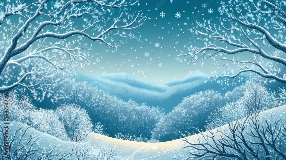 Serene Winter Wonderland Snowfall over Snowy Hills and Trees Serene Winter Wonderland Snowfall over Snowy Hills and Trees