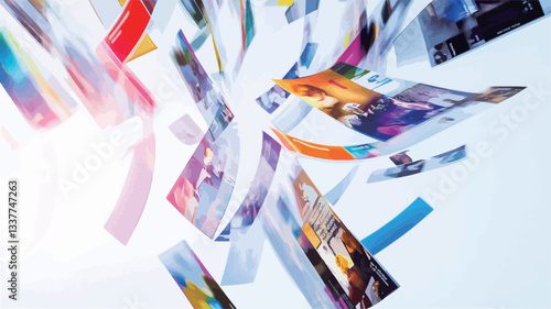 The image is an abstract composition featuring numerous rectangular pieces of paper in various bright colors and patterns. The papers appear to be floating and scattered against a predominantly