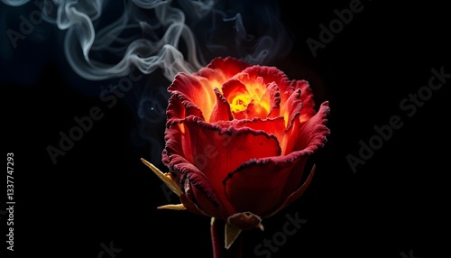 A powerful 4K close-up of a single red dried rose, frozen in the moment as fire engulfs it. The flames dance around the flower, consuming its petals layer by layer, while tendrils of smoke rise into 