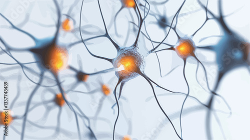 Microscopic depiction of a neural network.  The image shows numerous neurons with intricate branching dendrites and axons. Some neurons exhibit a bright, glowing orange hue at their central bodies,