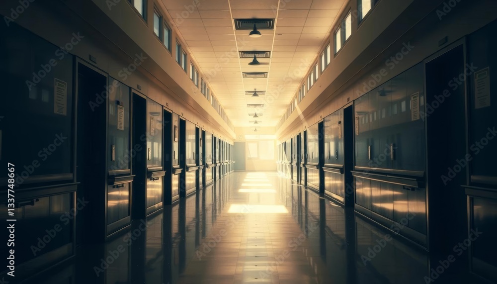 Sunbeams illuminate dust motes in a long, empty school corridor, architecture, institution Sunbeams illuminate dust motes in a long, empty school corridor, architecture, institution