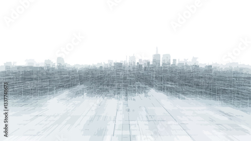 The image is a grayscale illustration or digital rendering of a cityscape. The style is abstract and impressionistic, utilizing various shades of gray to depict buildings and a skyline. The lines