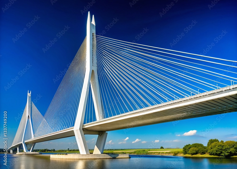Obraz premium Modern White Cable-Stayed Bridge: Clean Lines & Contemporary Infrastructure