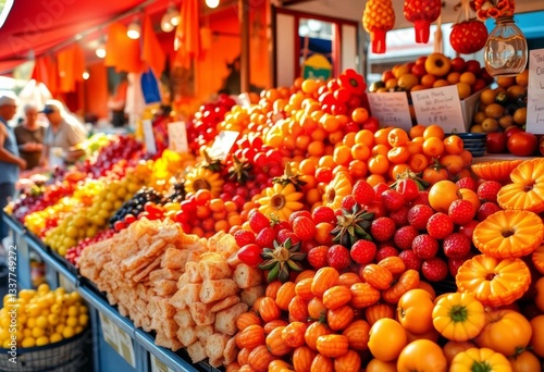 Sun-drenched candied fruits, vibrant colors, Cannobio market stall, plums, Lago Maggiore