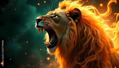 A close-up portrait of a regal lion, its face covered in mesmerizing fractal patterns that weave seamlessly through its fur. The lion's emerald-green eyes glow intensely, staring directly into the 