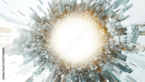 The image presents an abstract aerial perspective of a city. Buildings are depicted in a circular, vortex-like arrangement, radiating outwards from a bright central point. The color palette is