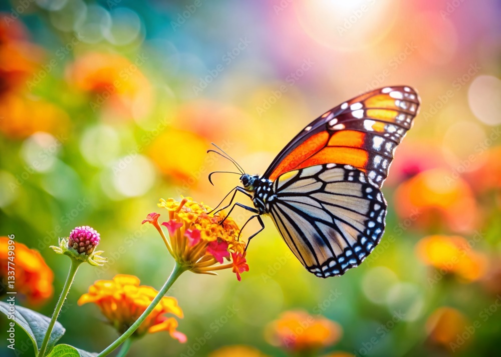 Fototapeta premium Monarch Butterfly on Flower, Copy Space, Right Side Composition