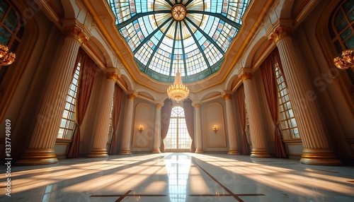 A magnificent architectural masterpiece in Kyiv, Ukraine, featuring a vast glass ceiling with a domed structure, allowing breathtaking views of the sky above. The wide-angle perspective showcases