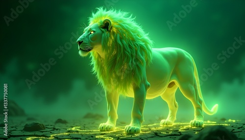A dynamic action shot of a fractal lion mid-attack, its muscular body lunging forward with claws extended and fangs bared. Its mane crackles with golden and green fractal energy, creating an electrify