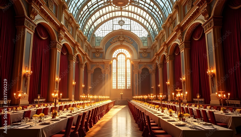 Naklejka premium A magnificent architectural masterpiece in Kyiv, Ukraine, featuring a vast glass ceiling with a domed structure, allowing breathtaking views of the sky above. The wide-angle perspective showcases 