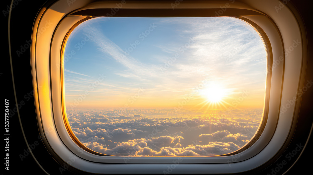 Breathtaking airplane window view of golden sunrise above clouds Breathtaking airplane window view of golden sunrise above clouds