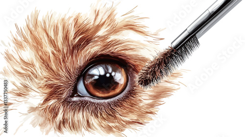 A detailed close-up illustration of a dog's eye with a mascara applicator positioned near the eyelashes. The eye is brown with visible detail in the iris and pupil. The surrounding fur is light