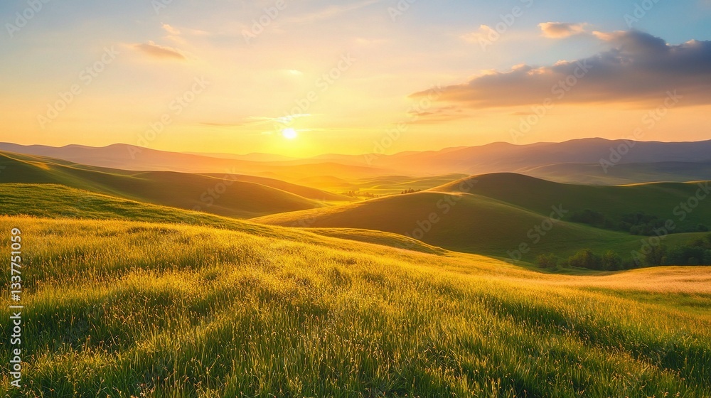 Fototapeta premium Golden Sunrise Over Rolling Hills in Soft Morning Light