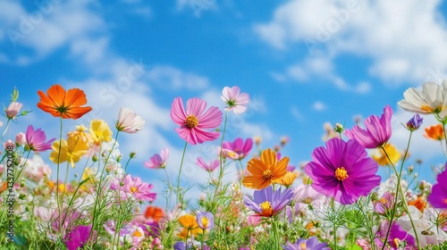 Bright Multicolor Floral Field Under Clear Blue Sky