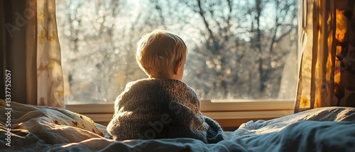 Wallpaper Mural A young child wrapped in a cozy woolen blanket sits on the edge of a bed bathed in the warm sunlight streaming through the window  The child s thoughtful gaze is drawn to the bare trees outside Torontodigital.ca