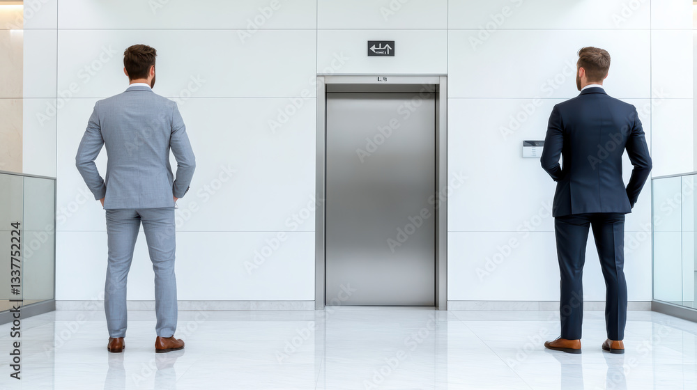 Fototapeta premium Confident businessmen waiting for elevator in modern office space