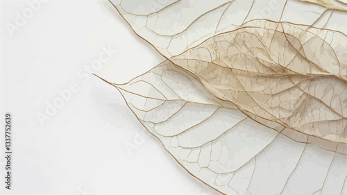 Close-up image of several dried, translucent leaves arranged on a plain white background. The leaves are light beige and show intricate vein patterns. The image is sharply focused, with a shallow