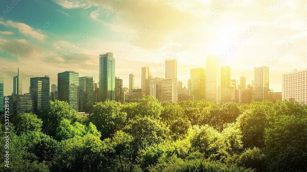Fototapeta premium Bright and Lively Eco-Friendly Cityscape at Sunrise