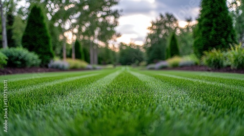 Freshly Mowed Lawn A vibrant green, perfectly striped lawn extending into the distance, showcasing the precision and artistry of lawn care.