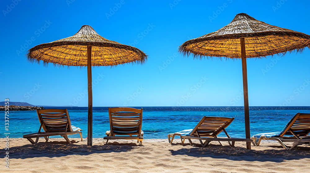 Obraz premium Photograph of palm trees and beach chairs