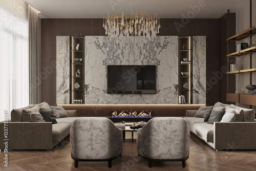 Fotografie "Luxury 3D Interior Visualization of a Modern Living Room with White Marble Fire