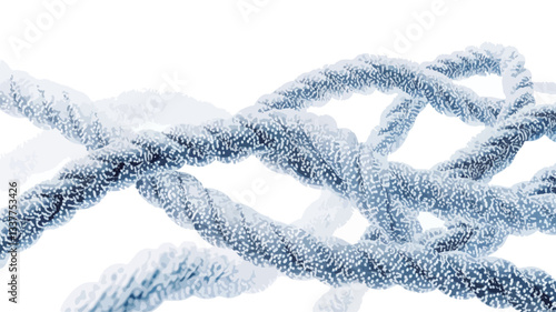 Close-up macro photograph of intertwined thick ropes. The ropes appear to be light blue or grey, possibly coated with frost or ice, against a bright white background.  The image shows intricate