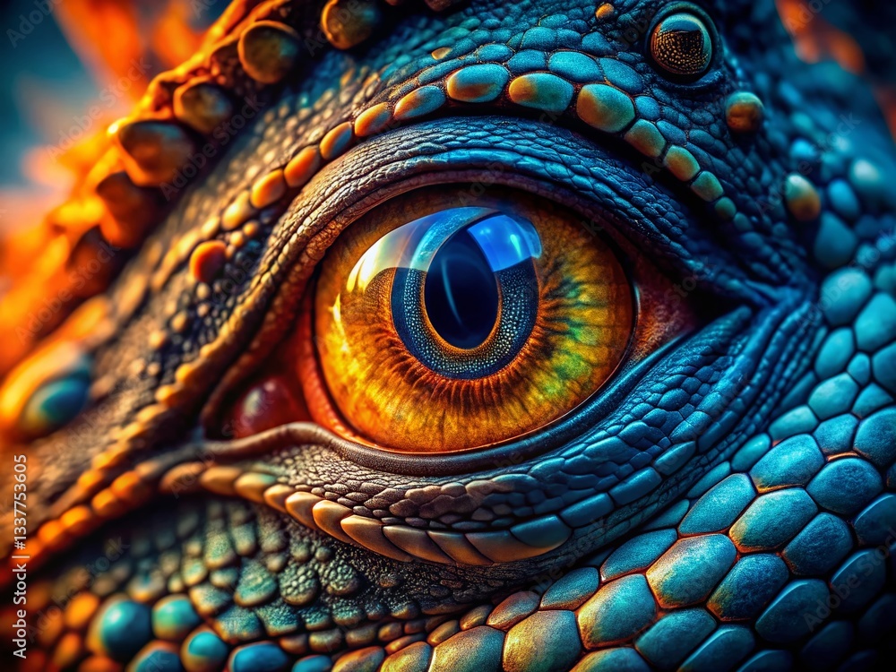 Obraz premium Mystical Reptilian Eye: Close-Up Macro Photo with Blue and Orange Hues
