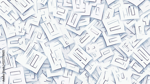 The image shows a high-angle, close-up view of numerous small, irregularly shaped, white paper fragments densely scattered across the frame.  The fragments appear to be torn or shredded, creating a