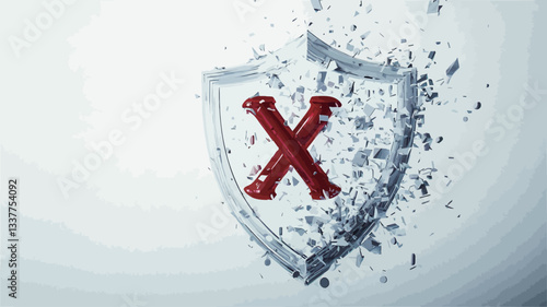 The image is a 3D rendering depicting a gray shield disintegrating into particles.  A large red 'X' mark is prominently featured at the center of the shield, also showing signs of disintegration.